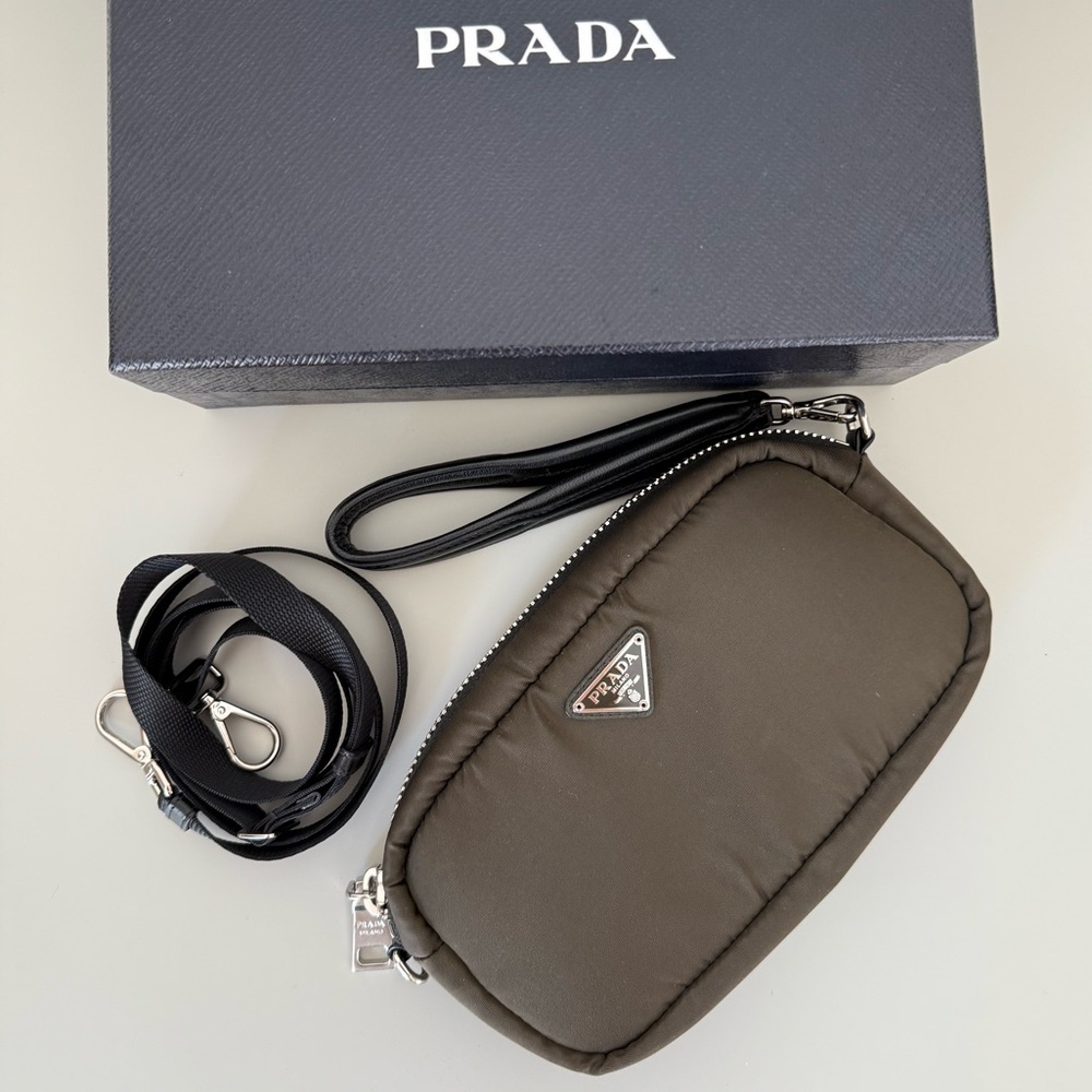 Prada Tessuto Nylon Olive Green Crossbody Pouch w/ Orange Lining